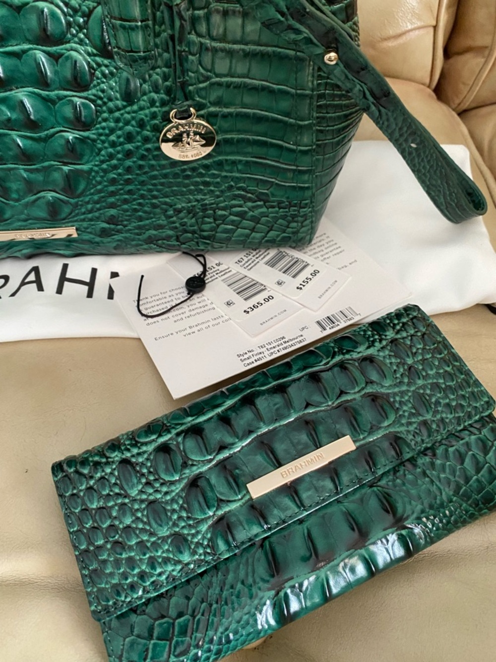 Brahmin Finley Bag Wallet Set Emerald Green Melbourne Leather Charm Tassel - Picture 12 of 15